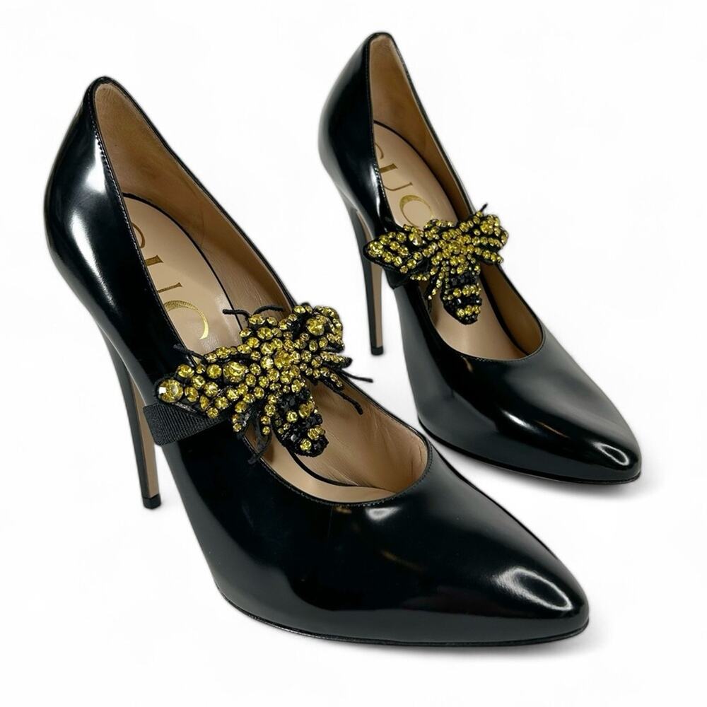 GUCCI Elaisa Polished Calfskin Crystal Bee Stiletto Pumps - Picture 2 of 15